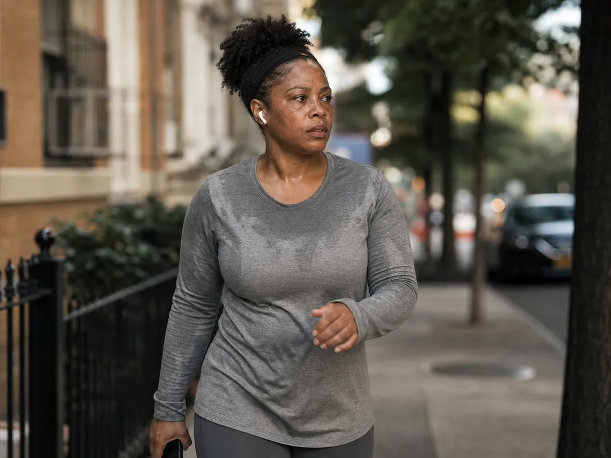 Woman walking outdoors on a city street in morning light