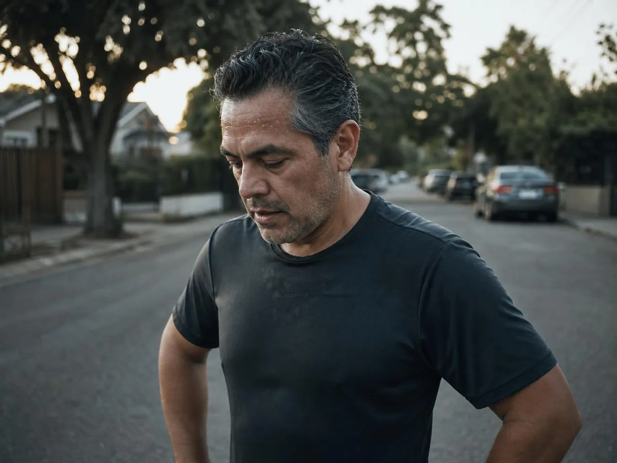 Man in his forties pausing after a morning run