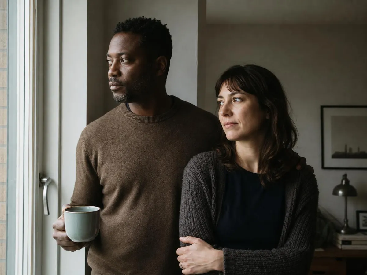 Couple standing together by a window at home